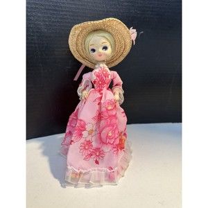 Vintage Bradley Doll Victorian Blonde Southern Belle Pink Floral Dress Straw Hat